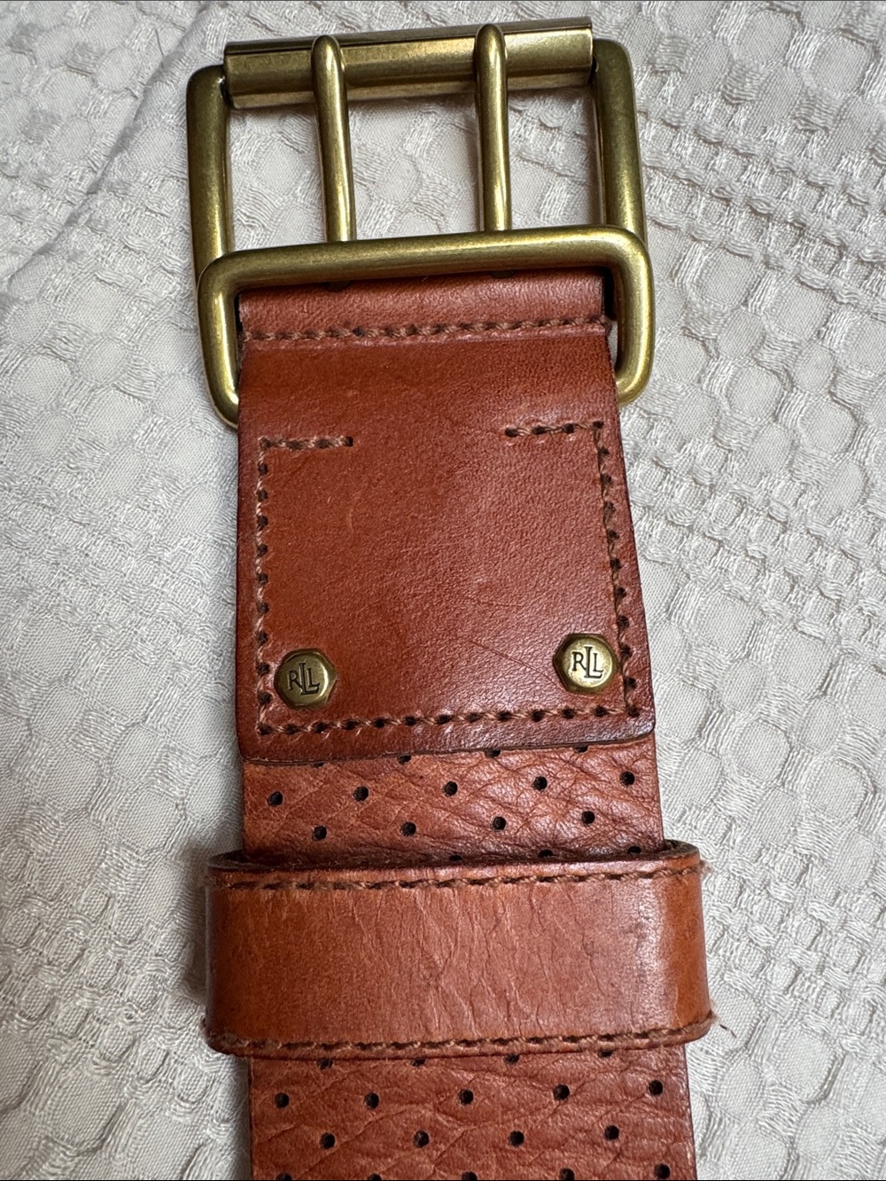 Ralph Lauren Brown Perforated Leather Belt with Brass Buckle - Picture 3 of 4